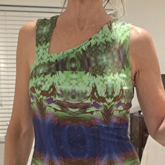 Aidan Mattox Green Purple Rust Asymmetrical Cocktail Dress - Picture 7 of 7